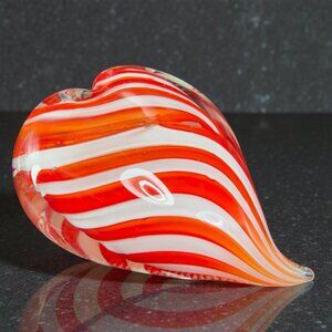 Vintage 1990s Art Glass Heart Red White Striped Paperweight Red White Figure VTG